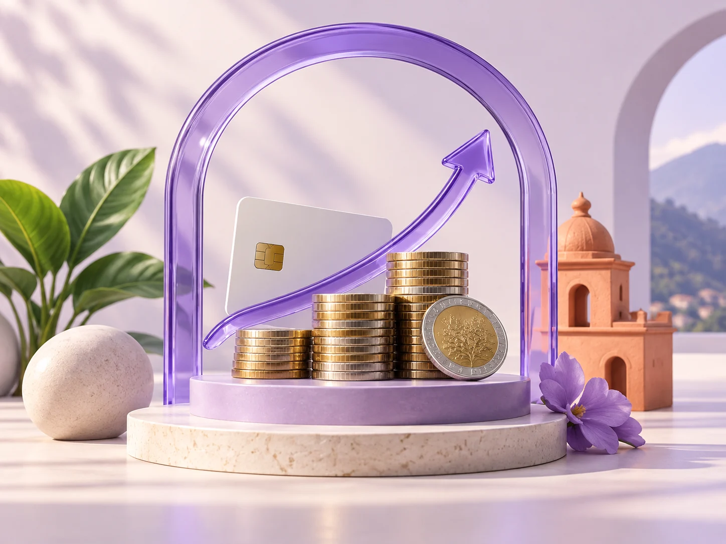 Ilustración de ahorro, tarjeta y crecimiento financiero en tonos violeta